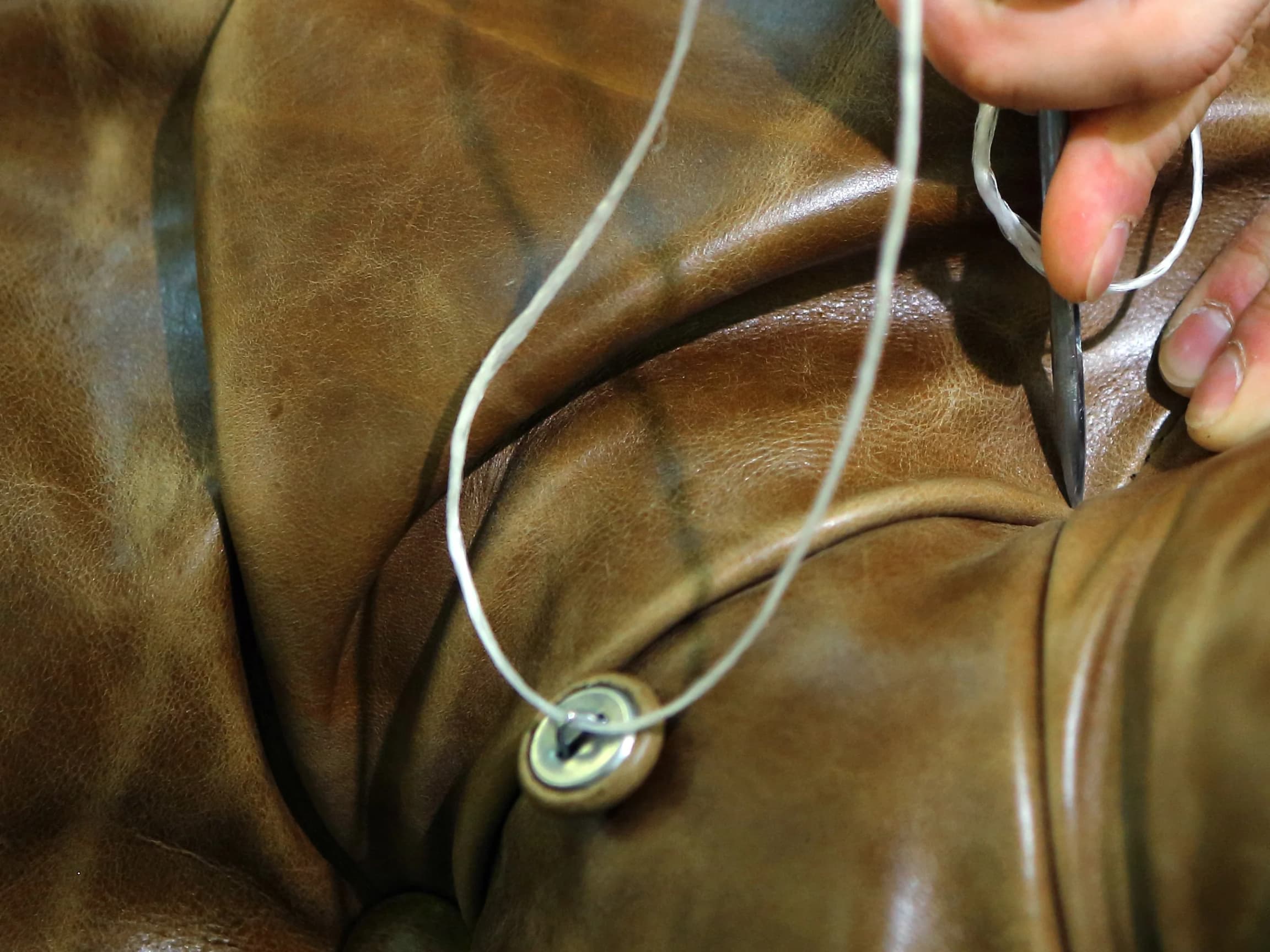 Close-up of hands pulling a waxed thread taut through a leather button during hand deep buttoning, a needle piercing the hide beside it.