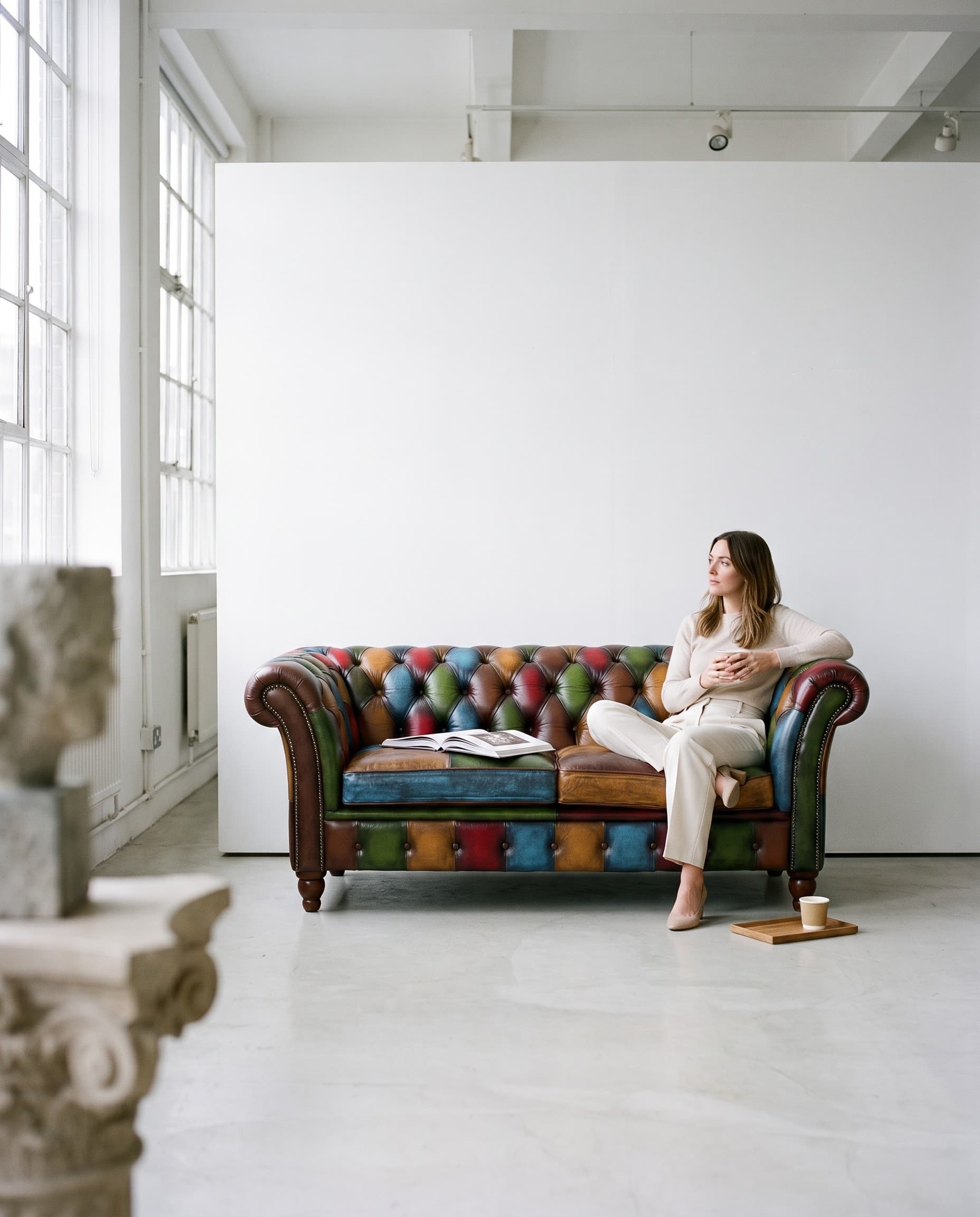 The Valdor Three Seater in Patchwork Rub Off Mix Leather, in a sunlit European gallery loft